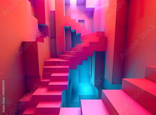 Abstract 3D Neon Pink and Blue Stairway in a Geometric Room
