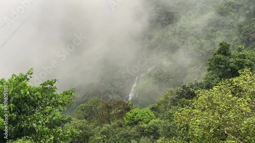 View of tropical landscape on foggy and windy day, waterfall in background. Static photo