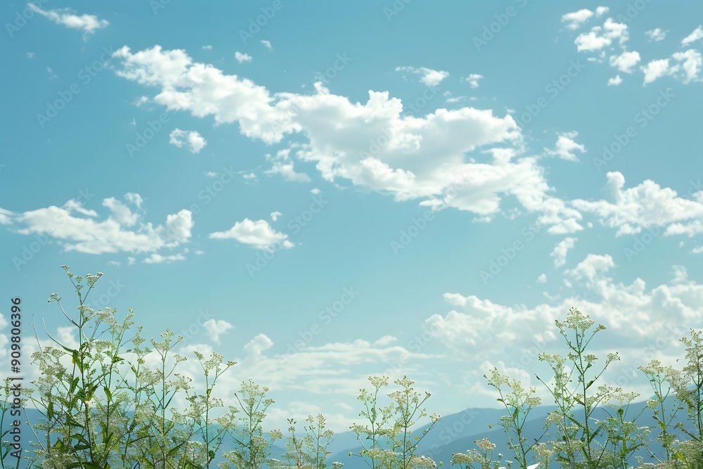 Fototapeta premium Blue Sky White Clouds and Green Plants