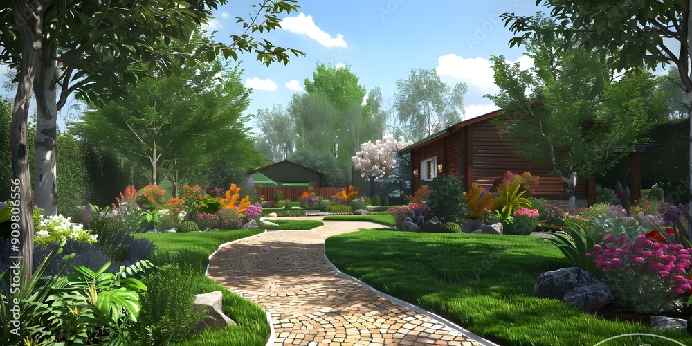 Obraz premium Landscaped Backyard With Stone Path