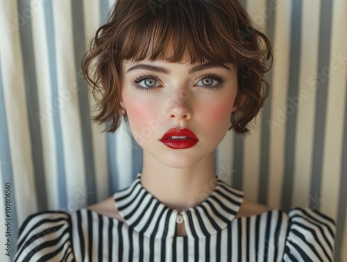 Portrait of young brunette woman girl with pouty lips wearing stripped black and white old-fashioned dress on background of stripped wall