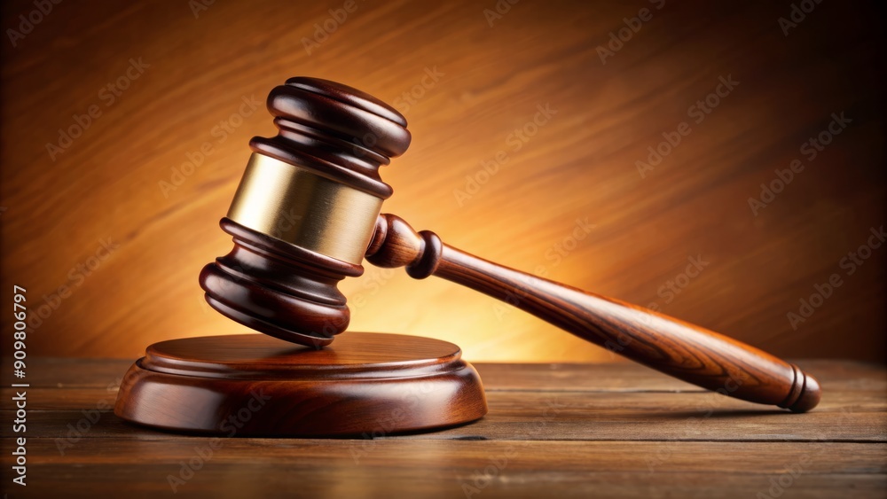 Brown gavel lies solitary on a wooden table against a warm brown background, symbolizing justice, law, and decision-making in a serene and professional atmosphere. Brown gavel lies solitary on a wooden table against a warm brown background, symbolizing justice, law, and decision-making in a serene and professional atmosphere.