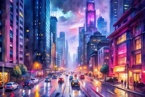 Vibrant city streets with neon signs, bustling traffic, and sleek skyscrapers capturing the essence of urban living in a modern metropolis at nightfall.