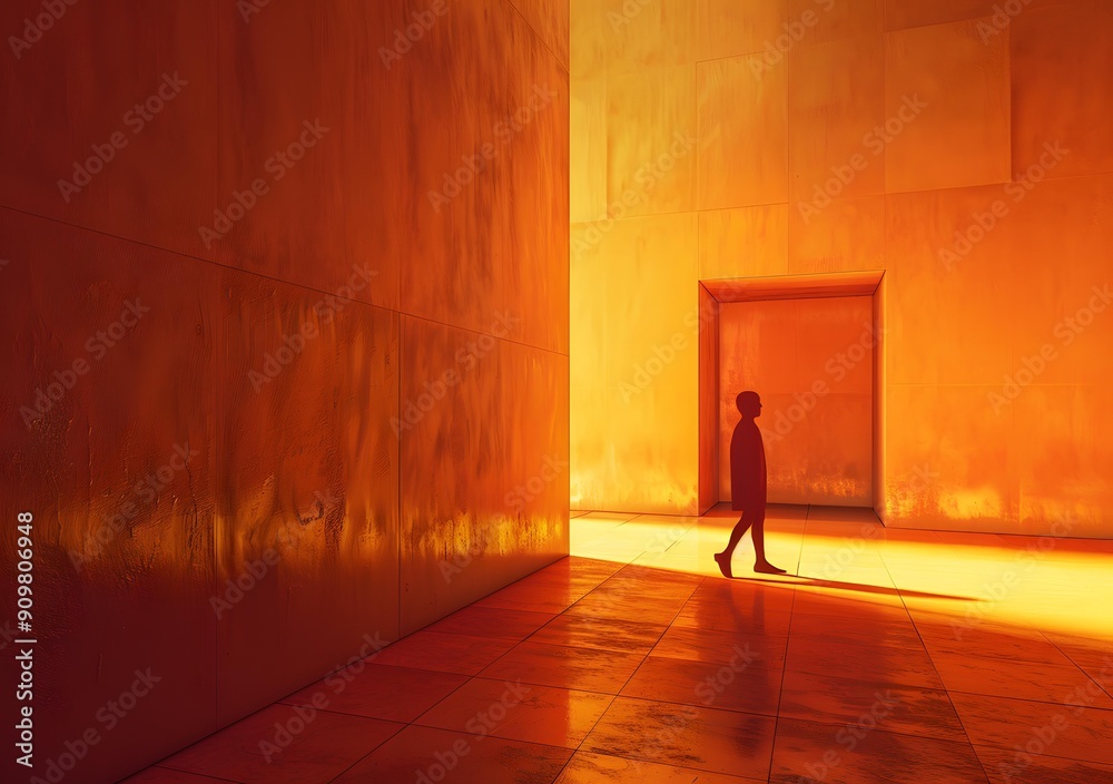 Silhouette of a Man Walking in a Modern Building With a Yellow Wall Silhouette of a Man Walking in a Modern Building With a Yellow Wall