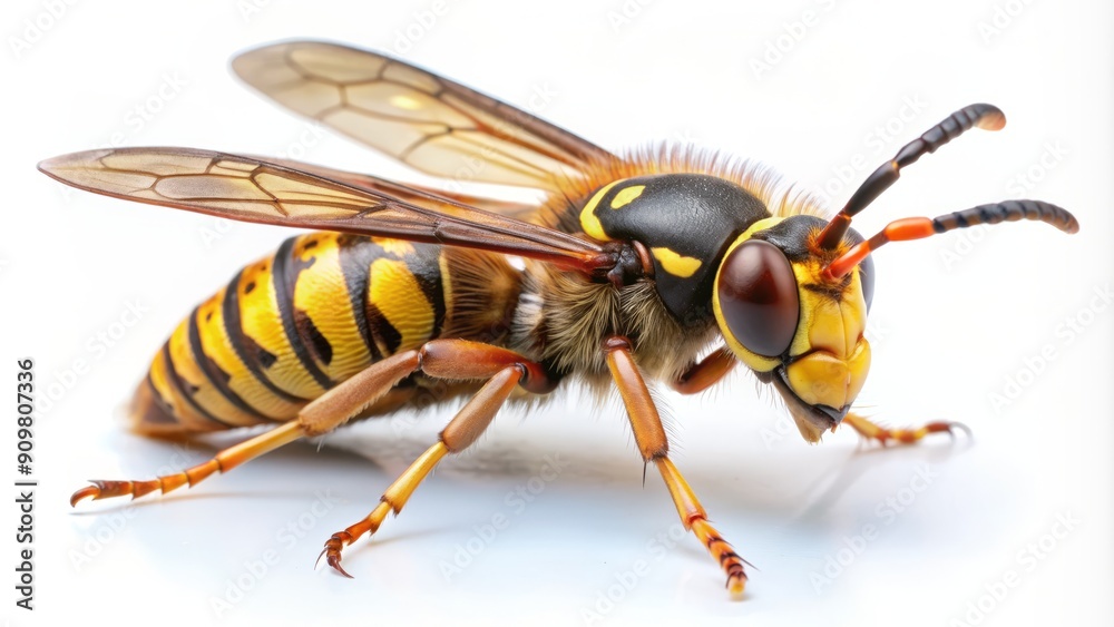 A single hornet bee with yellow and brown stripes isolated on a pure white background, its wings folded, showcasing its distinctive body shape and features. A single hornet bee with yellow and brown stripes isolated on a pure white background, its wings folded, showcasing its distinctive body shape and features.