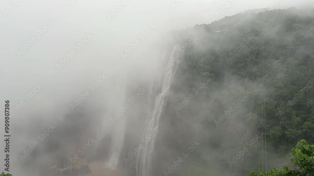 Jog Falls seen through water vapor, foggy day, India. Static Jog Falls seen through water vapor, foggy day, India. Static