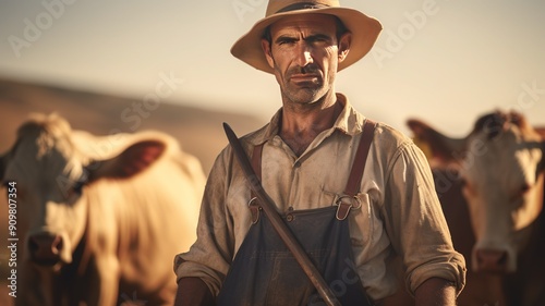 farmer standing with arms crossed and holding sickle for wheat harvested by cow near cowshed. photo