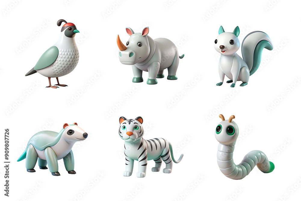 animal set collection icon soft turquoise and white color in plastic 3d style