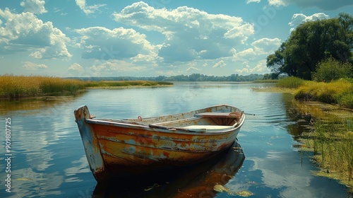 A Rusty Boat on a Calm Lake