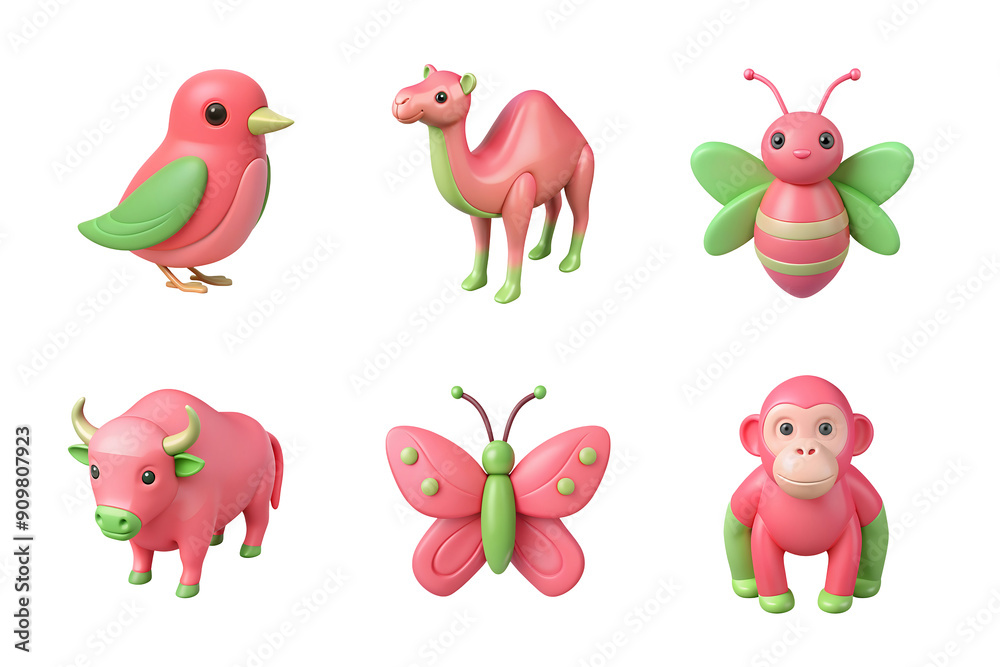 animal set collection icon soft pink and green color in plastic 3d style animal set collection icon soft pink and green color in plastic 3d style