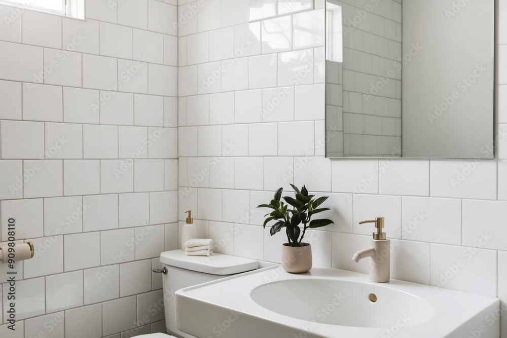 Fototapeta premium Simple Aesthetic Bathroom with Clean White Tiles and Minimal Decor