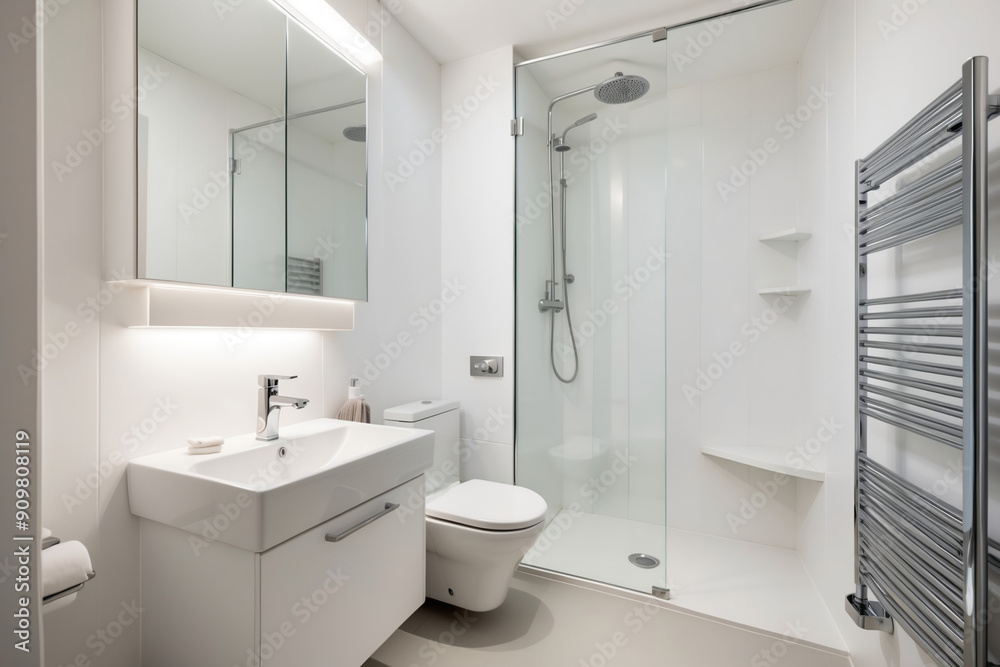 Compact and Functional Bathroom with White Walls and Space-Saving Solutions Compact and Functional Bathroom with White Walls and Space-Saving Solutions