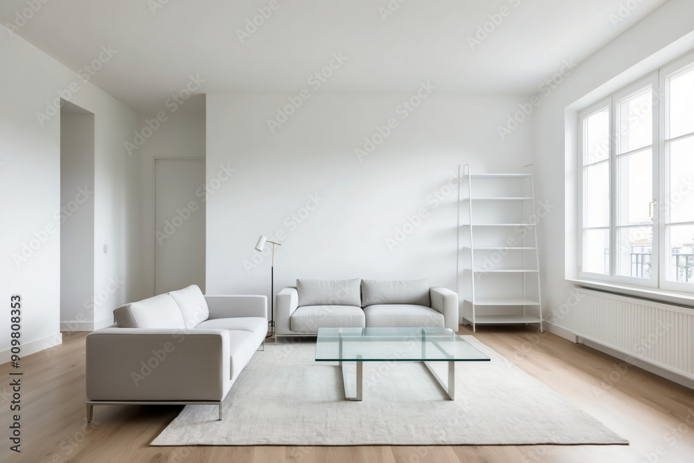 Fototapeta premium A Modern Minimalist Living Room with Pristine White Walls and Sleek Furniture