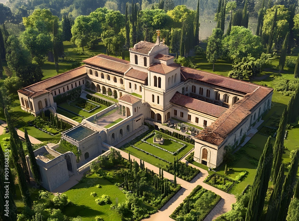 Fototapeta premium Aerial View of a Large Stone Building Surrounded by Green Grass and Trees