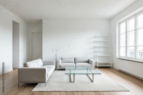 A Modern Minimalist Living Room with Pristine White Walls and Sleek Furniture