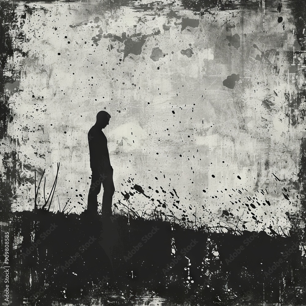 Silhouette of a Man Standing Alone Against a Grungy Abstract Background Silhouette of a Man Standing Alone Against a Grungy Abstract Background