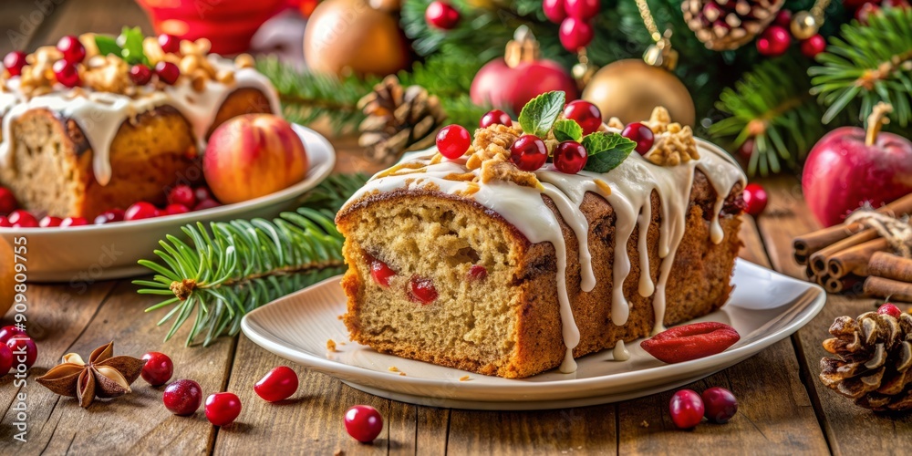 Festive holiday breakfast setting featuring a freshly baked, aromatic apple-carrot-cranberry-walnut pound cake amidst vibrant decorations, filling the room with warmth and inviting ambiance. Festive holiday breakfast setting featuring a freshly baked, aromatic apple-carrot-cranberry-walnut pound cake amidst vibrant decorations, filling the room with warmth and inviting ambiance.