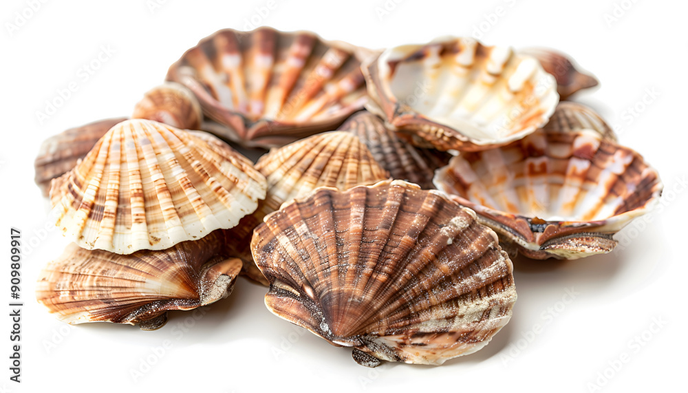 Many fresh raw scallops in shells isolated on white Many fresh raw scallops in shells isolated on white