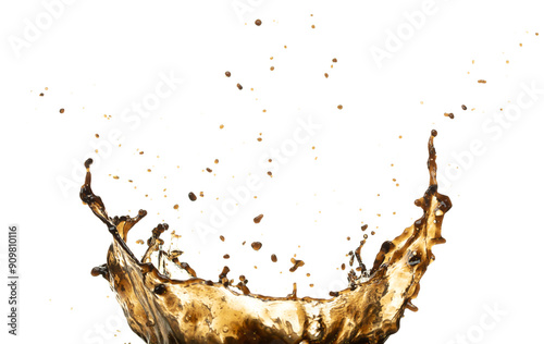 Black Coffee, tea, espresso, cola pouring and splash as crown water. Coffee, tea, espresso, cola explode bubble splash in mid air. White background isolated photo with gold glitter photo