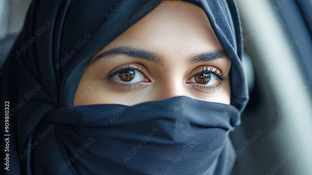 Middle Eastern woman driving, wearing a black niqab and facing the camera Middle Eastern woman driving, wearing a black niqab and facing the camera