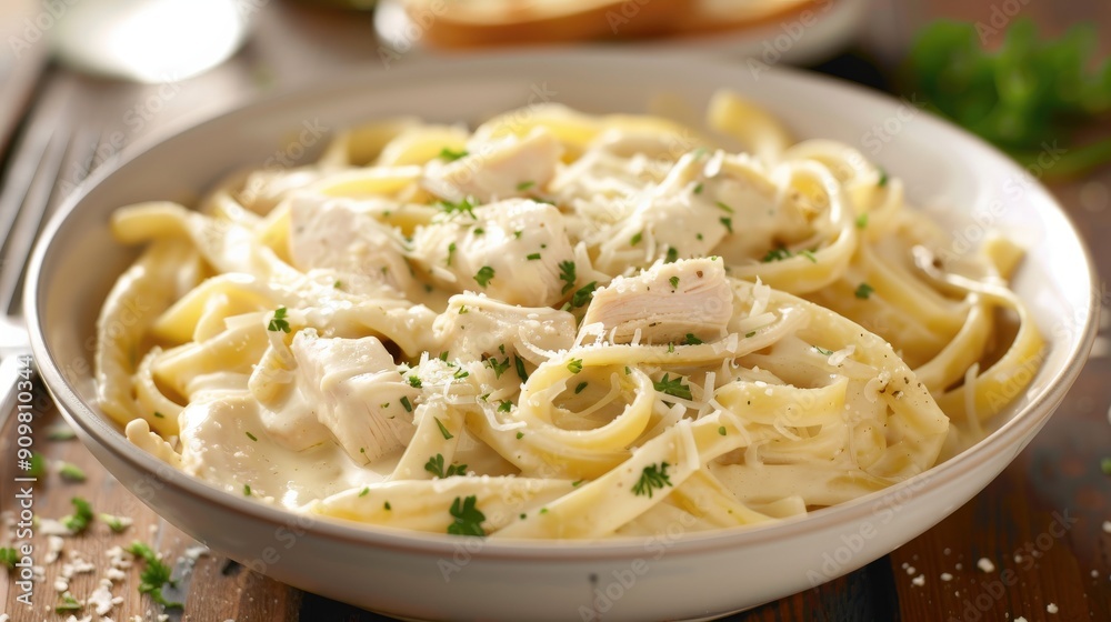 A bowl filled with creamy chicken Alfredo fettuccine topped with herbs and freshly grated cheese, ready for a satisfying meal A bowl filled with creamy chicken Alfredo fettuccine topped with herbs and freshly grated cheese, ready for a satisfying meal