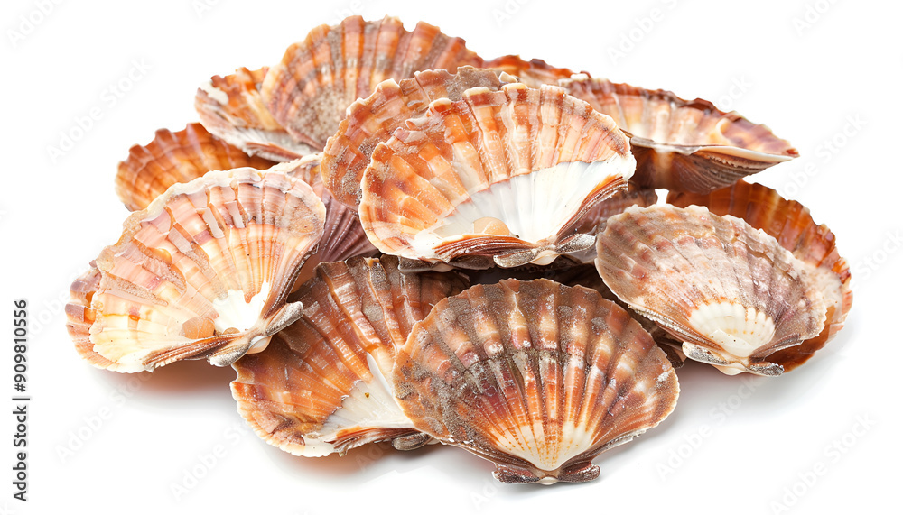Many fresh raw scallops in shells isolated on white Many fresh raw scallops in shells isolated on white