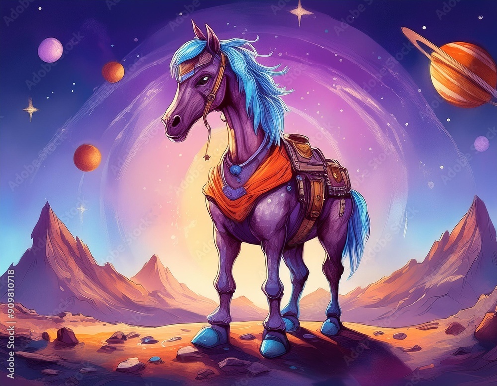 Fototapeta premium Cartoon horse on the moon in the night