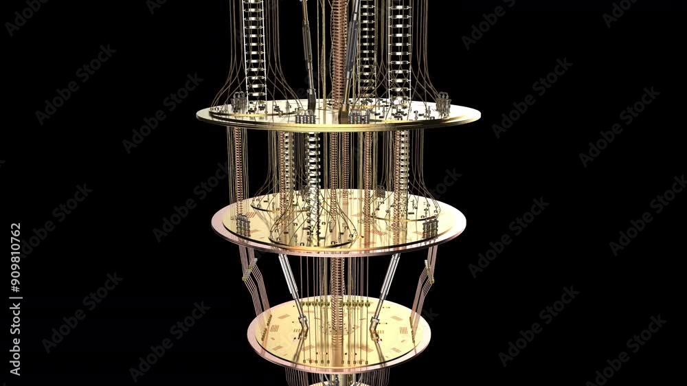 Quantum computer machine spinning on black background