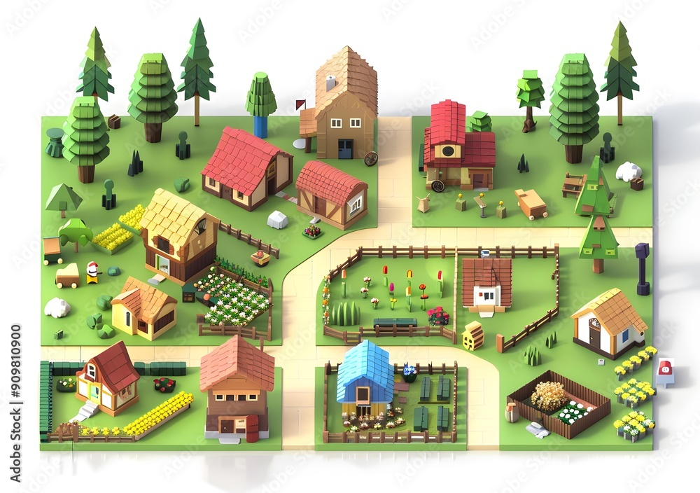 Low Poly Village Scene With Houses, Trees, And Gardens Low Poly Village Scene With Houses, Trees, And Gardens