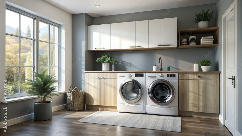 Modern laundry room interior with sleek washing machine, dark grey countertops, and white cabinets, surrounded by neutral walls and soft natural light filtering in. Modern laundry room interior with sleek washing machine, dark grey countertops, and white cabinets, surrounded by neutral walls and soft natural light filtering in.