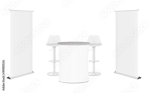 Trade show booth display kit mock-up. White blank expo tradeshow set template. Roll-up retractable banner stands, table counter, swivel bar stools. Realistic 3d vector mockup