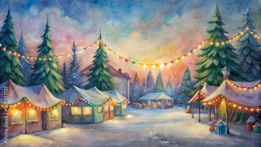 A serene winter scene of a festive Christmas market with empty streets, twinkling garland lights, and decorated fir trees surrounding colorful vendor tents at dusk. A serene winter scene of a festive Christmas market with empty streets, twinkling garland lights, and decorated fir trees surrounding colorful vendor tents at dusk.