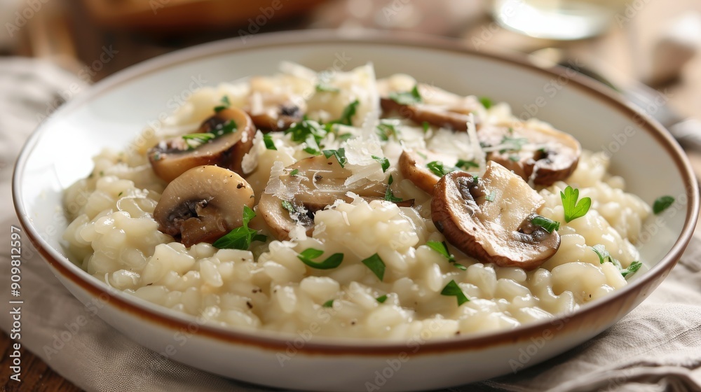 A bowl of creamy risotto topped with sautéed mushrooms and sprinkled with fresh Parmesan, ready to be enjoyed A bowl of creamy risotto topped with sautéed mushrooms and sprinkled with fresh Parmesan, ready to be enjoyed