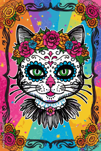 A decorated cat with floral crown against a bright, colorful backdrop