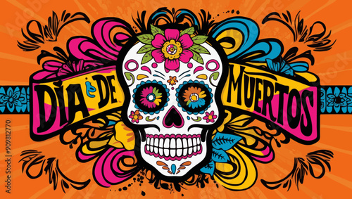 A decorative sugar skull representing Dia de Muertos with bright flowers and colors