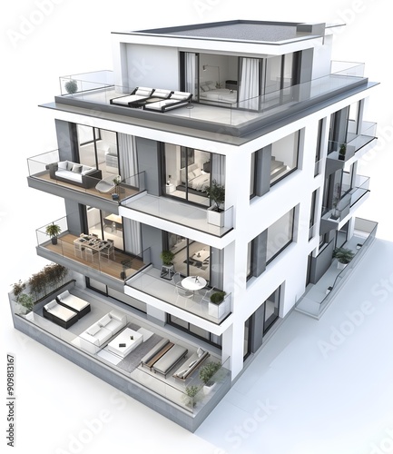 Modern White Apartment Building with Rooftop Terrace and Balconies