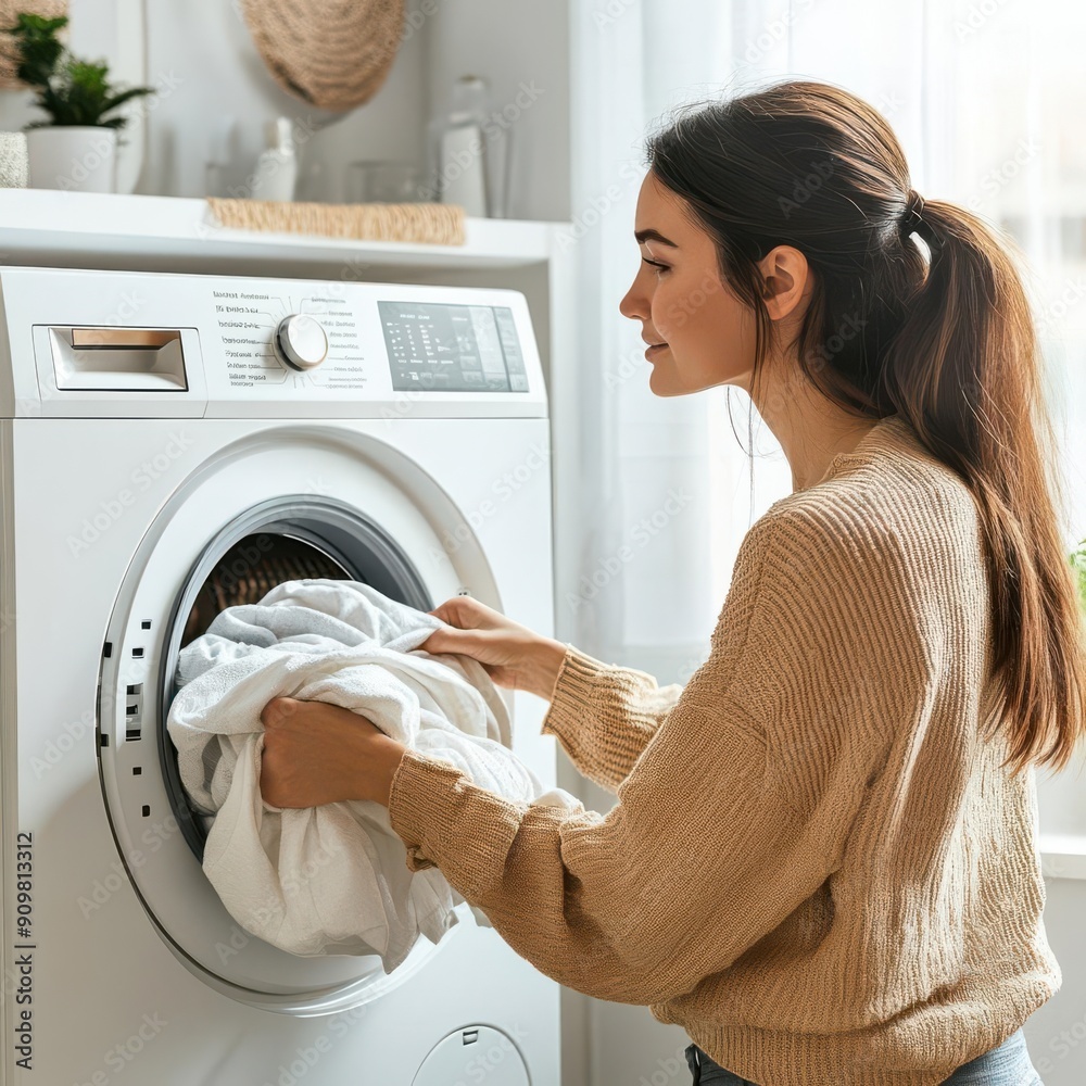 Woman doing laundry, putting clothes in washing machine. Woman doing laundry, putting clothes in washing machine.