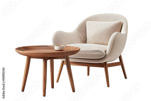 A wooden coffee table sits next to a white chair