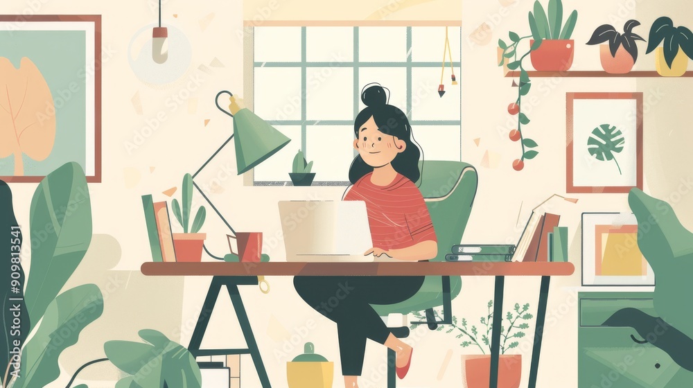 Cozy Home Office with Woman Working on Laptop Surrounded by Plants Cozy Home Office with Woman Working on Laptop Surrounded by Plants