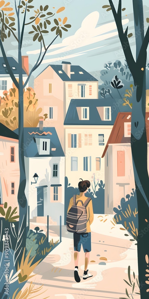 Man Walking Through European Village Illustration Man Walking Through European Village Illustration