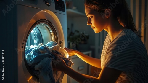 Woman doing laundry late at night, loading clothes into washing machine.