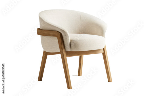 A wooden chair with a white cushion sits on a white background