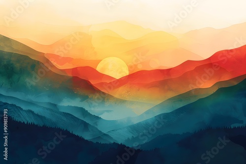 Watercolor Painting of Mountains and Sunset