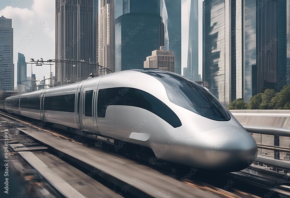 Naklejka premium view front levitating speed magnetically high towers train blur motion background skyscrapers transport futuristic city landscape supersonic vacuum transportation technology modern tube