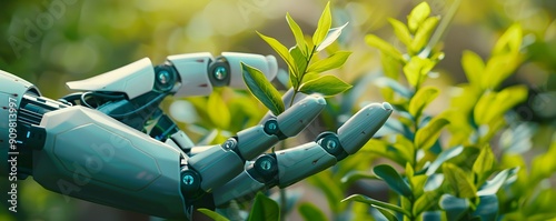 Robot Hand Holding green sprout seedling for planting in greenhouse. Concept of saving planet earth using Artificial Intelligence. Background hi-tech in agriculture. Cultivation, nature conservation photo