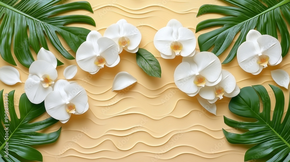 White orchids and tropical leaves on a yellow textured background White orchids and tropical leaves on a yellow textured background