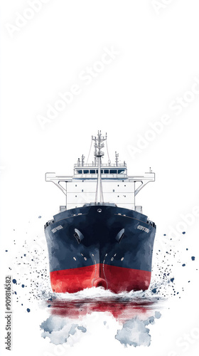 A large ship is shown in the water with a splash of red and blue. The splash of water and the movement of the ship create a sense of motion and energy