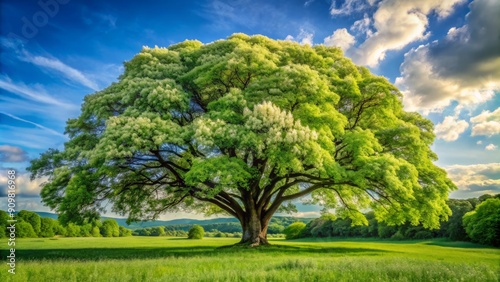 Serene landscape featuring a majestic black locust tree standing tall amidst lush green foliage  evoking feelings of peacefulness and connection with nature.
