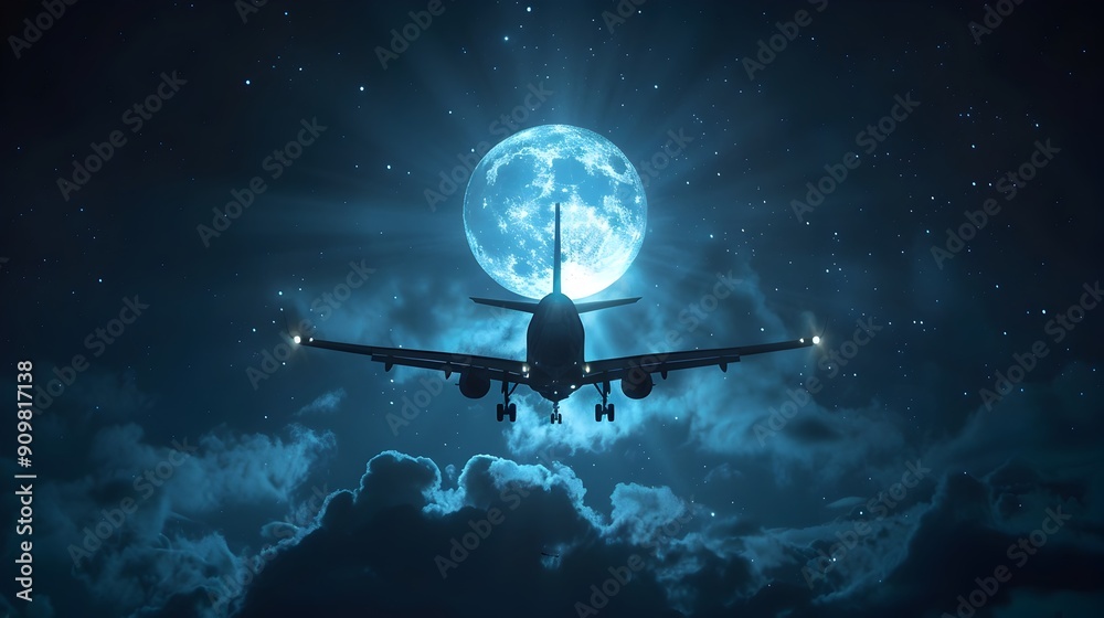 Dramatic Airplane Silhouette Against a Full Moon in Moody Night Sky Landscape Dramatic Airplane Silhouette Against a Full Moon in Moody Night Sky Landscape