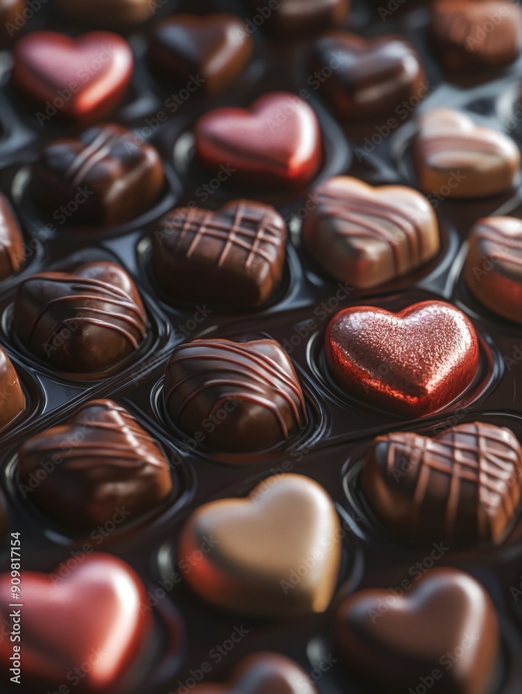 A close up of a tray of assorted chocolates, perfect for showcasing in a bakery or restaurant A close up of a tray of assorted chocolates, perfect for showcasing in a bakery or restaurant